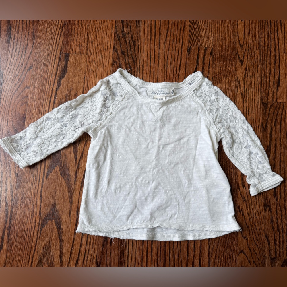 H&M White Long Sleeve Boho Girls Shirt with Lace Detail - Size 2-4T